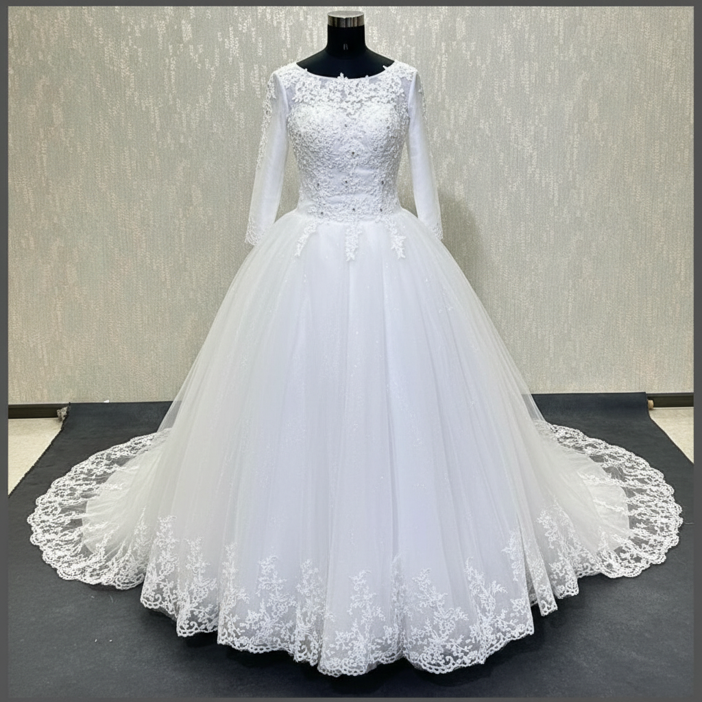 Elegant white Christian bridal dress with fitted lace bodice and flowing princess skirt
