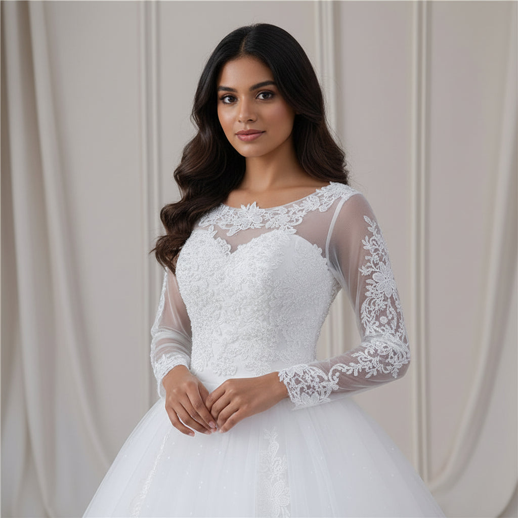 Side profile view of White Ball Gown showing silhouette — GownLink GLGF042B