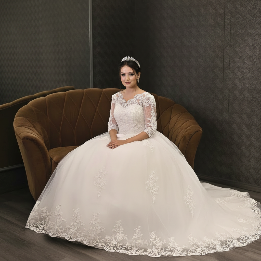 Elegant white Christian bridal dress with floral lace embroidery, fitted bodice, and romantic ball gown design