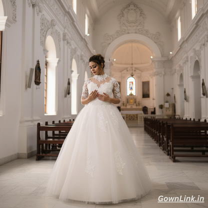 Front view of White Bridal Gown with High Neck on model against studio backdrop — GownLink GLD68B