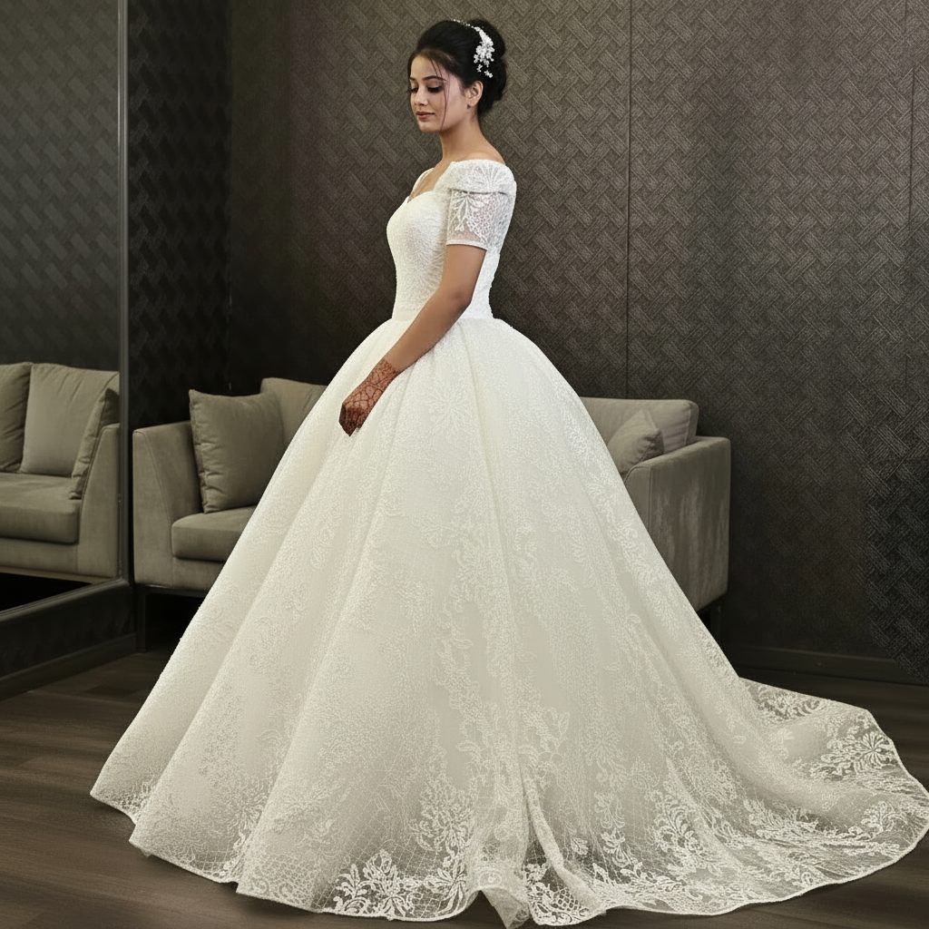 Close-up of lace and fabric detail on White Bridal Gown Sparkle with Train — GownLink GLGT166T