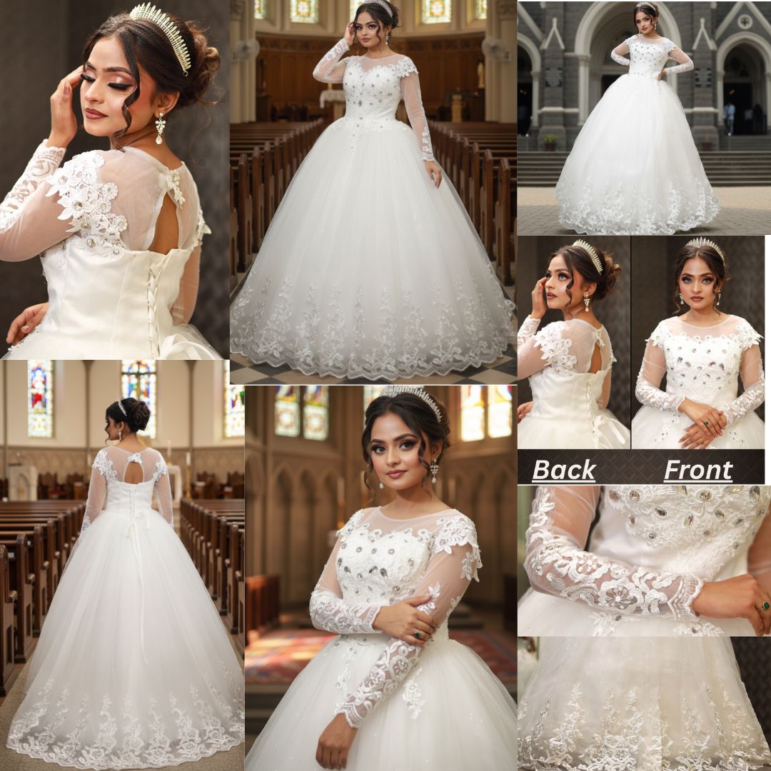 Elegant white Christian wedding gown with sparkling embellishments and lace border