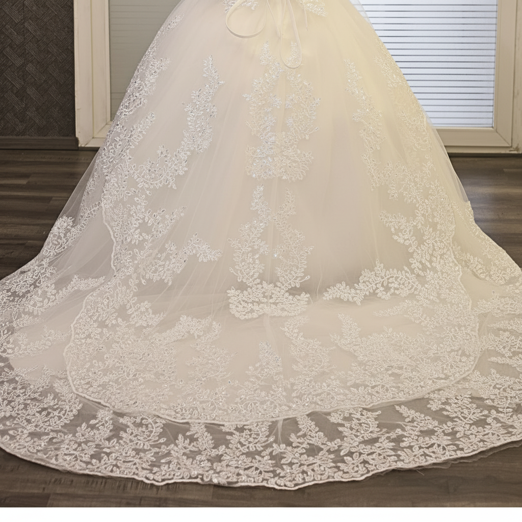 Elegant white wedding gown by GownLink with luxurious lace detailing and a classic Christian bridal design