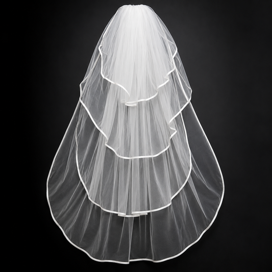 Long white Christian wedding veil for elegant church weddings.
Christian wedding veil with lace appliques and cathedral bridal train.