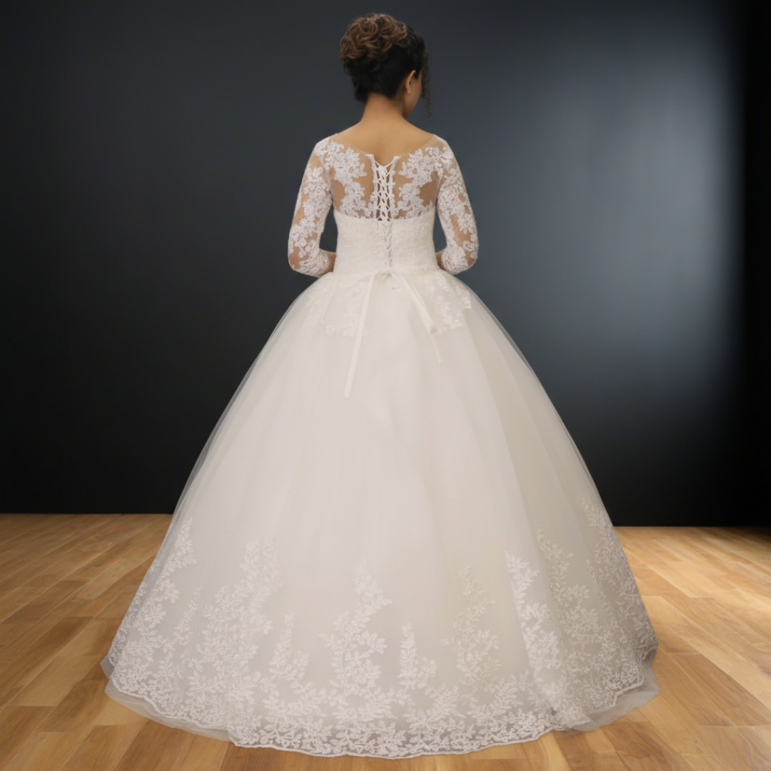 Embroidered Christian wedding dress with lace detailing and a voluminous bridal ball gown skirt