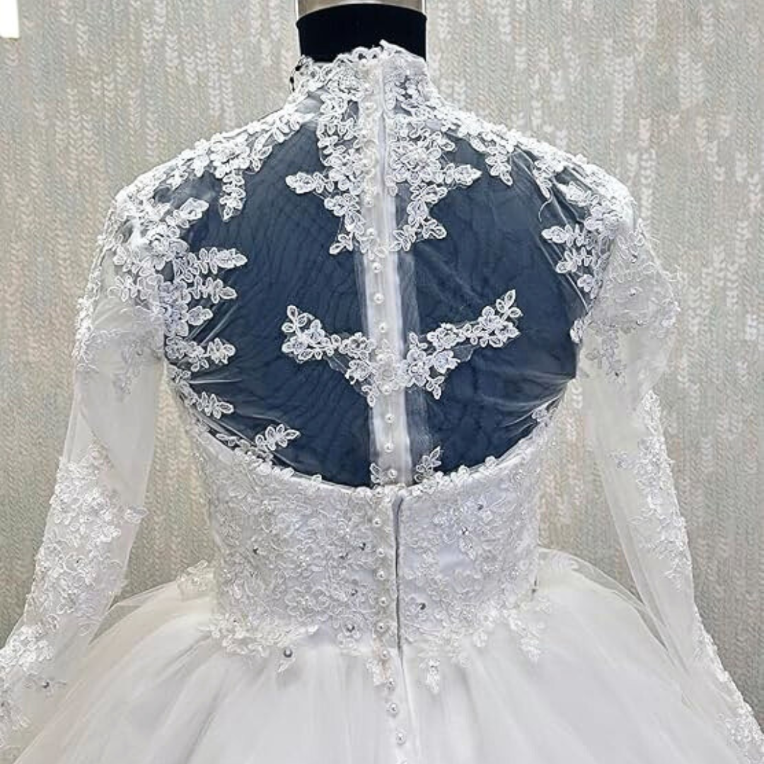 Back closure and button detail on White Bridal Gown with High Neck — GownLink GLW20T