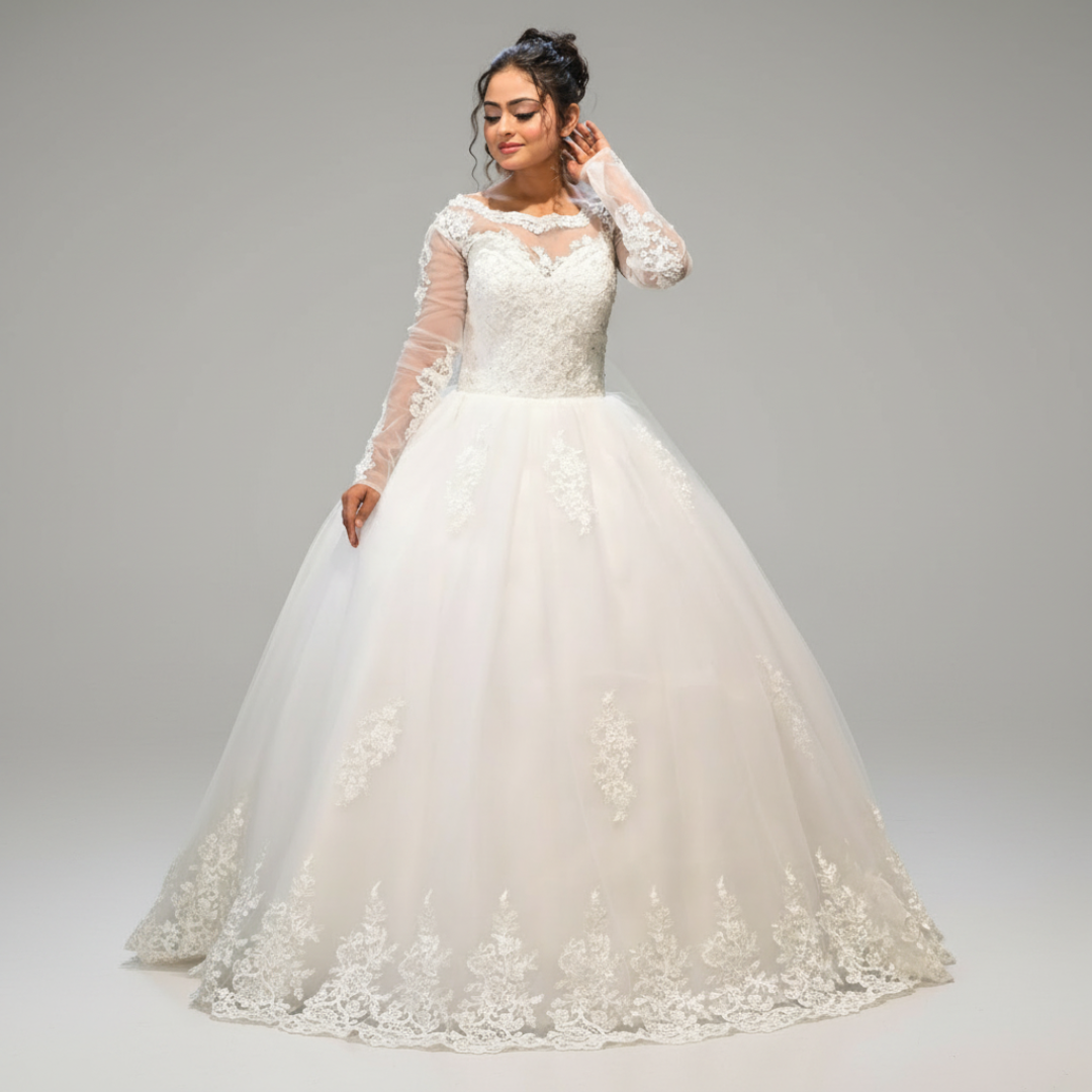 Hem and train lace detail on White Ball Gown — GownLink GLGB150