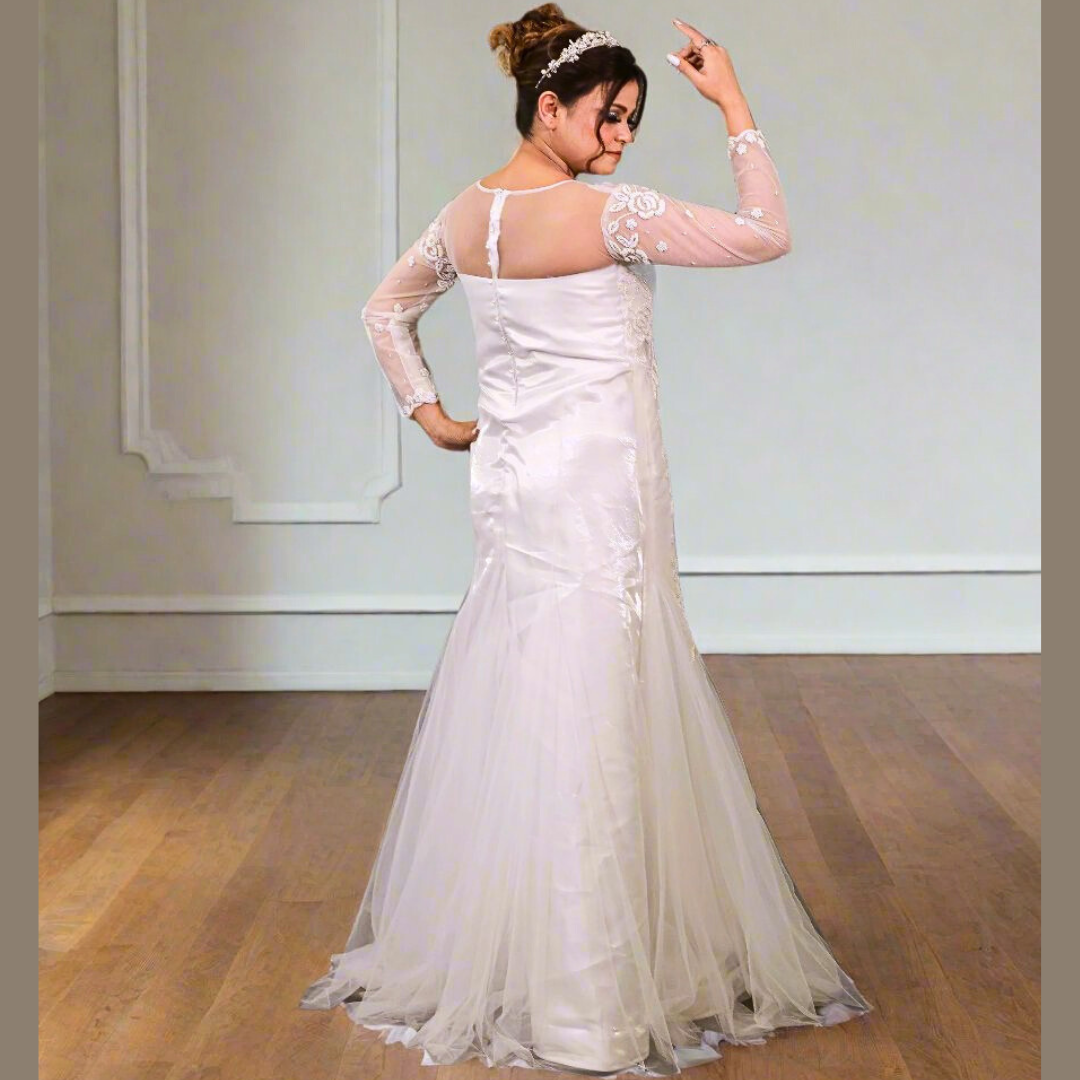 Three-quarter view of A-Line with Sleeve Detail on model — GownLink GLHMA