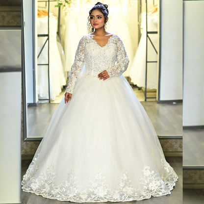 Back closure and button detail on White Ball Gown with Sleeve Detail — GownLink GLGB144