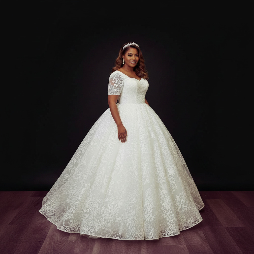 Front view of White Ball Gown on model against studio backdrop — GownLink GLGT166B