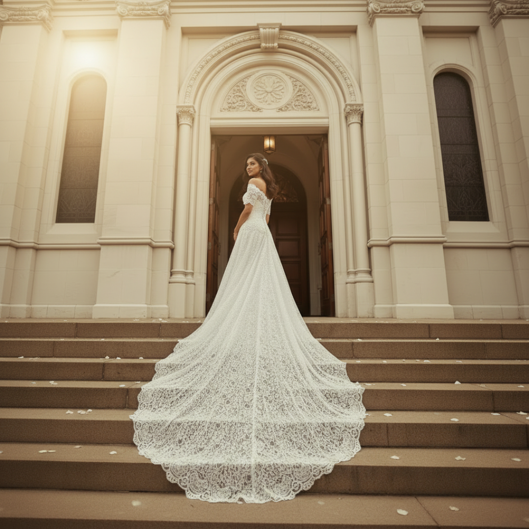 Three-quarter view of White Mermaid with Sleeve Detail on model — GownLink GL8646T