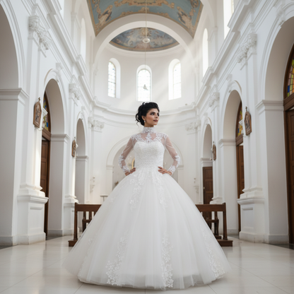 Front view of White Princess on model against studio backdrop — GownLink GLHL2311