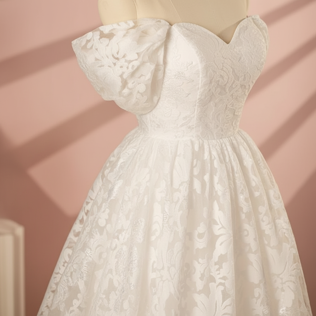 Close-up of lace and fabric detail on White A-Line Sparkle — GownLink GLGT167