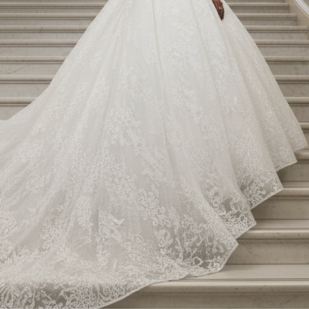 Three-quarter view of White Bridal Gown Sparkle with Train on model — GownLink GLGT166T