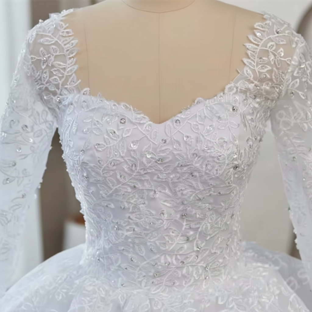 Sleeve detail close-up on White Ball Gown — GownLink GLGB170