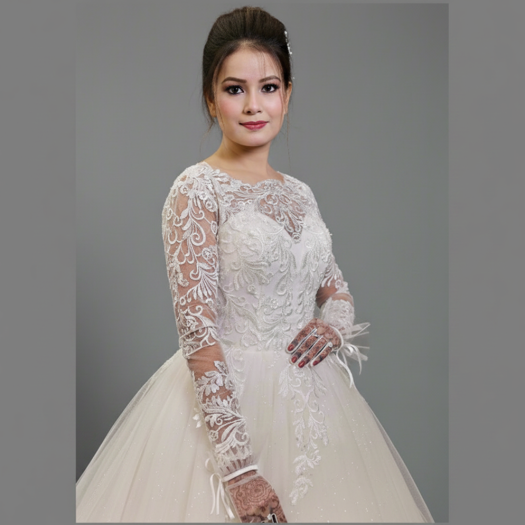 Floral lace ball gown wedding dress designed for elegant Christian church ceremonies