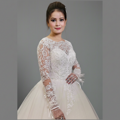 Floral lace ball gown wedding dress designed for elegant Christian church ceremonies