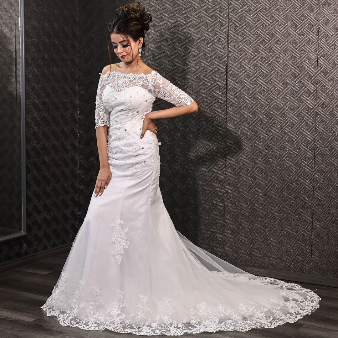 Floral lace chapel wedding gown designed for elegant Christian bridal ceremonies