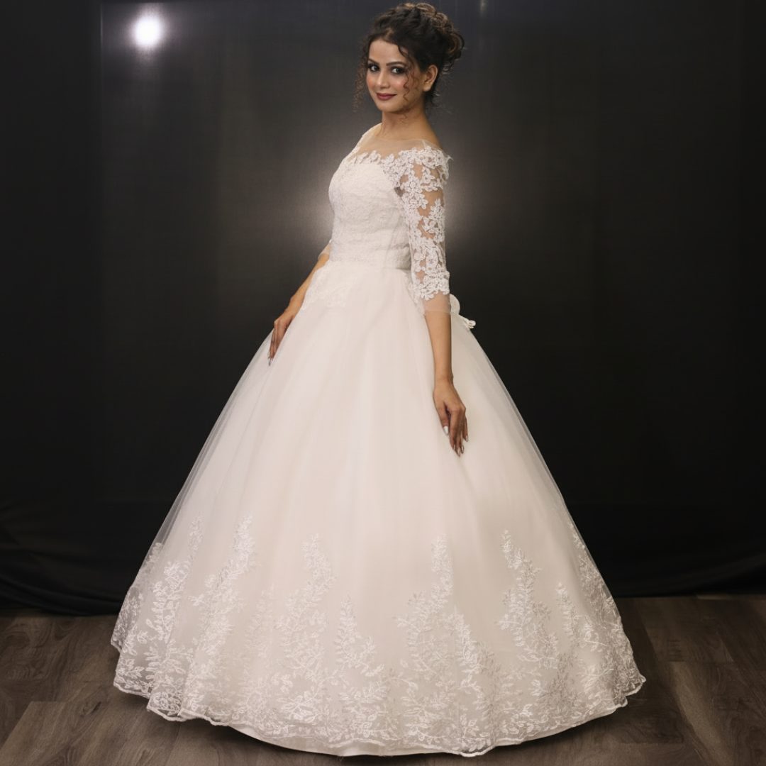 Christian bridal ball gown with floral lace embroidery and elegant princess-inspired styling