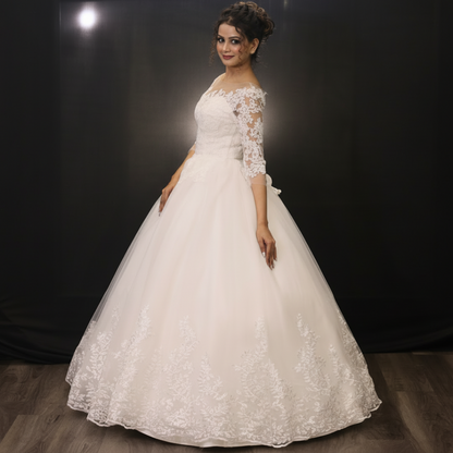 Christian bridal ball gown with floral lace embroidery and elegant princess-inspired styling
