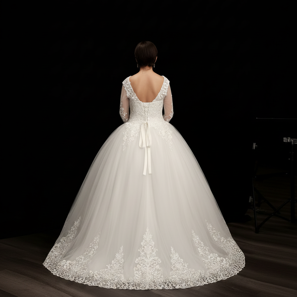Floral lace Christian bridal dress with elegant illusion sleeves and a flowing train