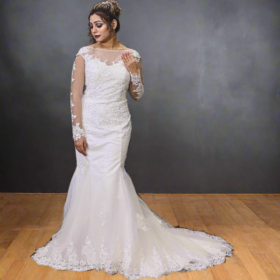 Christian wedding dress featuring floral lace embroidery, illusion yoke, and elegant bridal styling