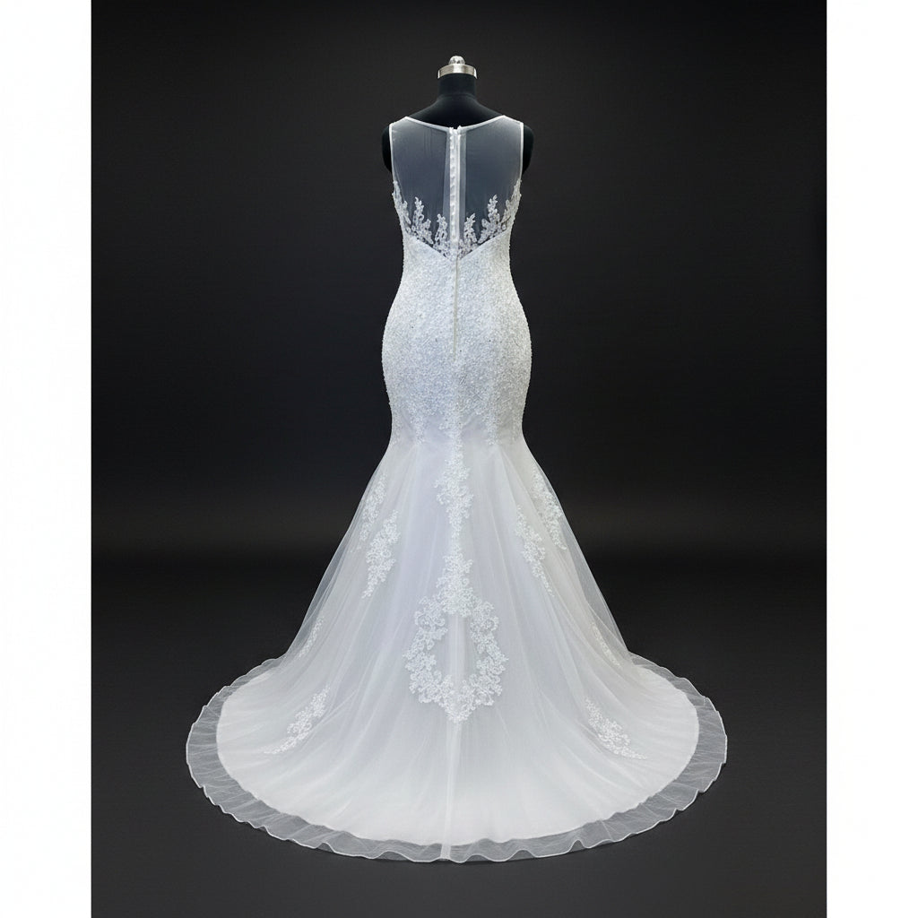 Floral lace Christian wedding gown with fitted bodice and soft tulle flare