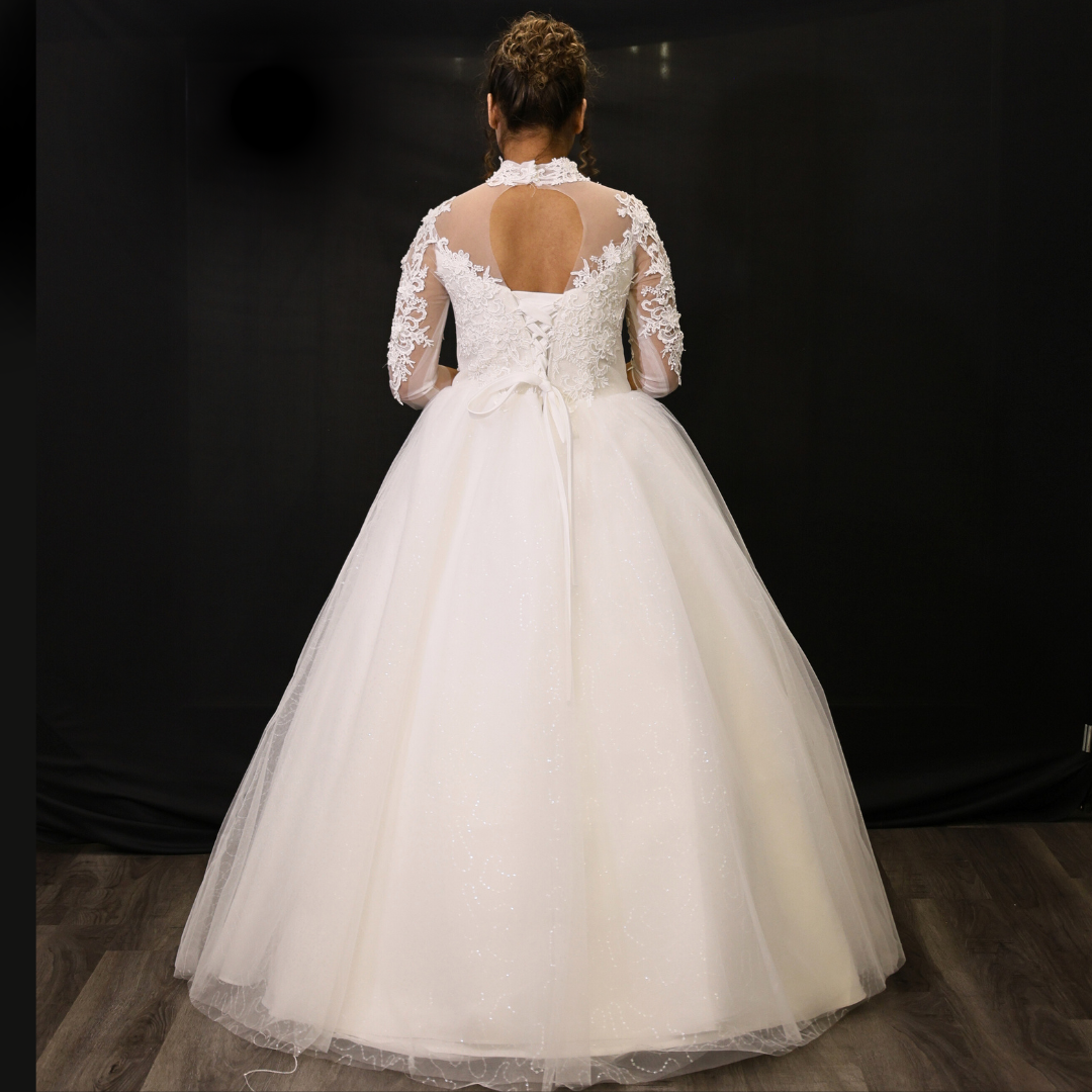 Full-length view of White Bridal Gown with High Neck with train spread on floor — GownLink GLD68B