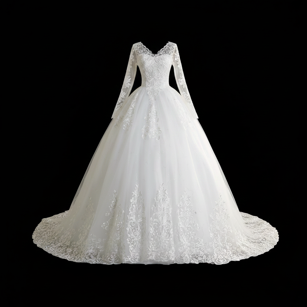 Formal Christian wedding ball gown with premium lace embroidery and elegant bridal train