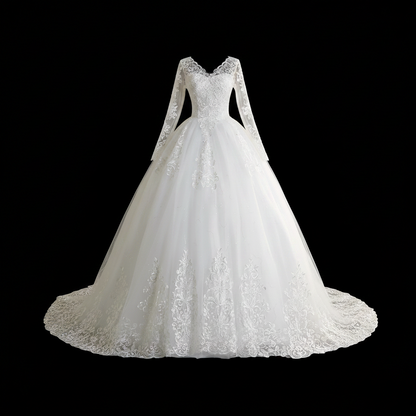 Formal Christian wedding ball gown with premium lace embroidery and elegant bridal train