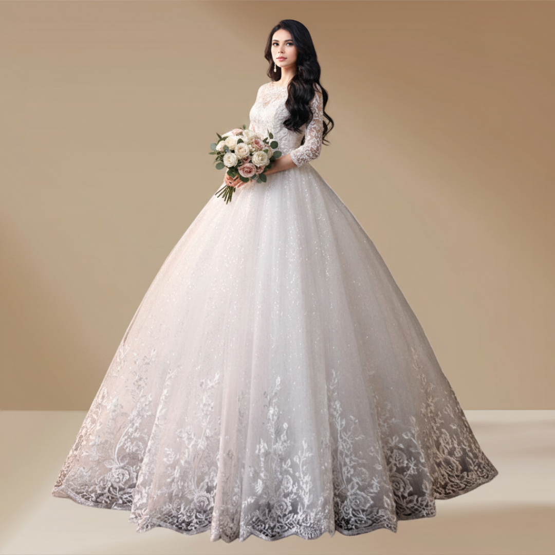 Formal church wedding gown with modest lace bodice and full princess skirt