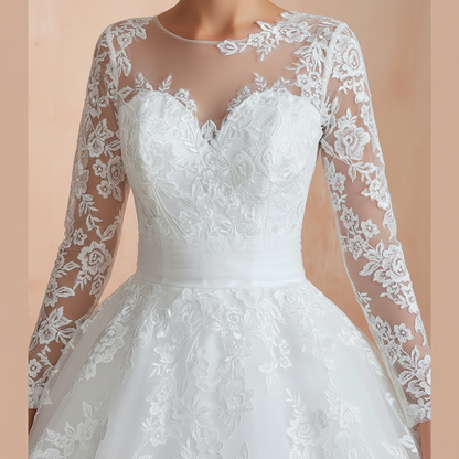 Full-length GownLink Christian wedding gown featuring lace sleeves, embroidered bodice, and flowing skirt