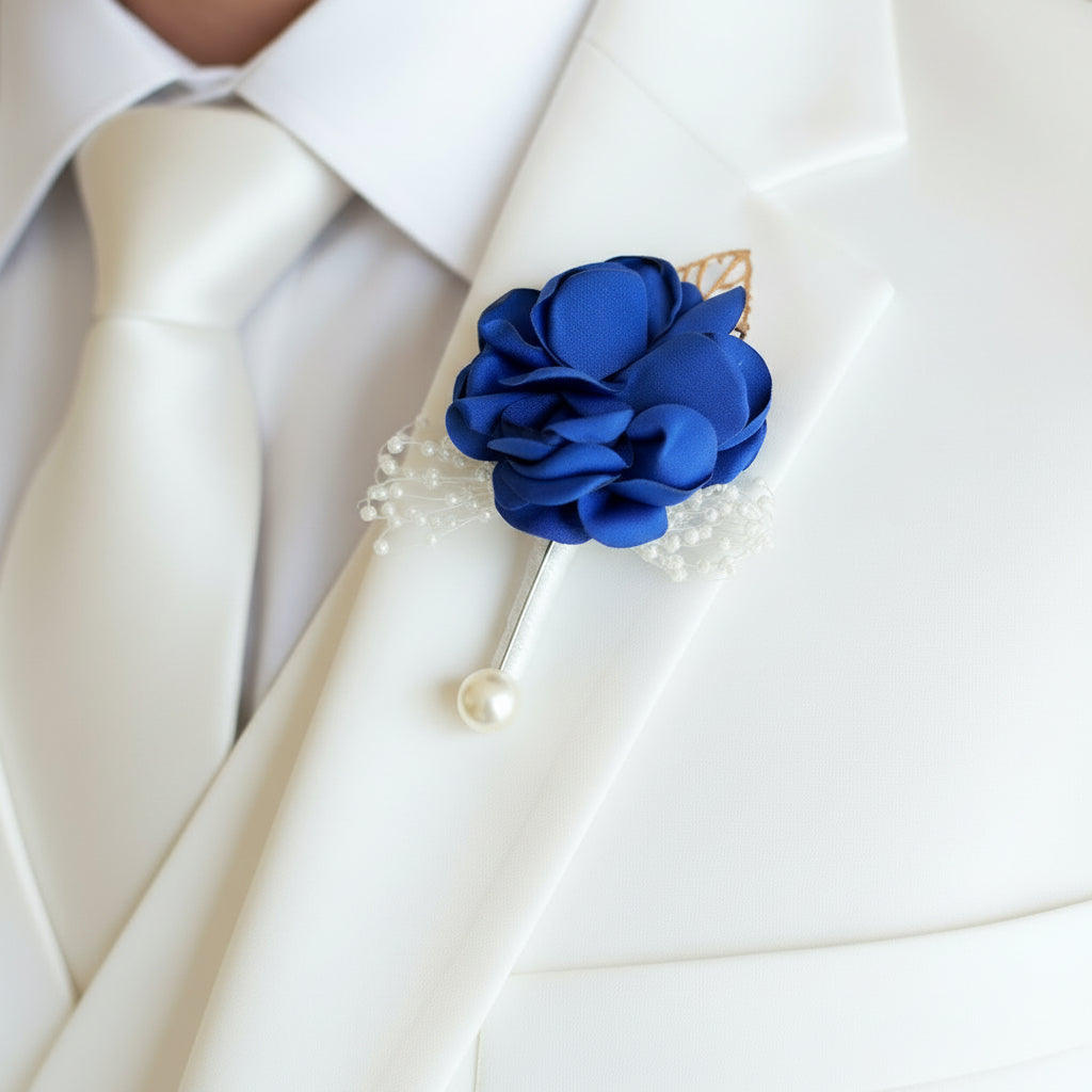 Front view of Groom Boutonniere on lapel — GownLink CFM1
