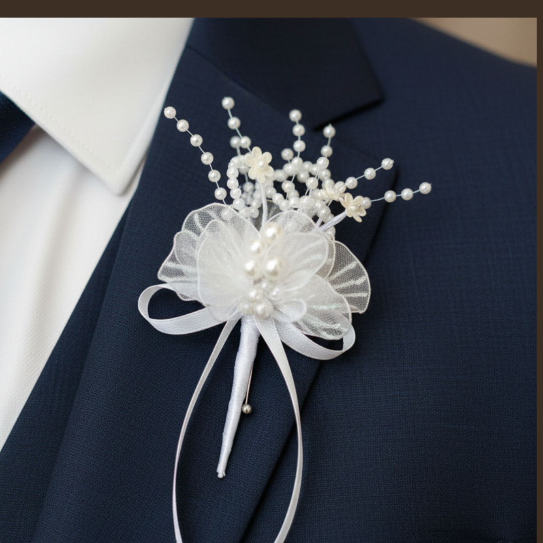 Close-up of flower and leaf detail on Groom Boutonniere Set — GownLink CF110