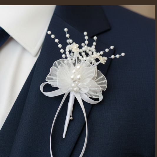 Close-up of flower and leaf detail on Groom Boutonniere Set — GownLink CF110