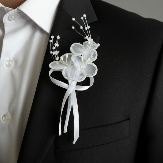 Close-up of flower and leaf detail on Groom Boutonniere Set — GownLink CF46