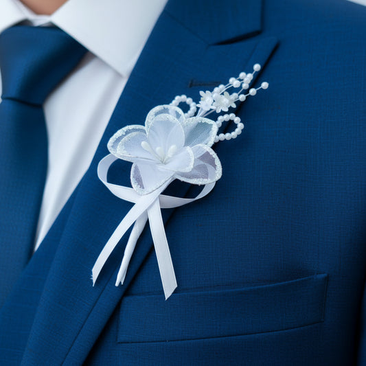 Front view of Groom Boutonniere Set on lapel — GownLink CF1