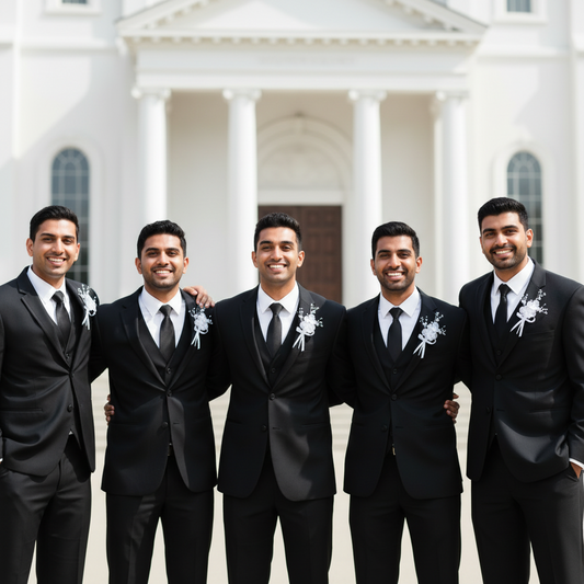 Front view of Groom Boutonniere Set on lapel — GownLink CF46