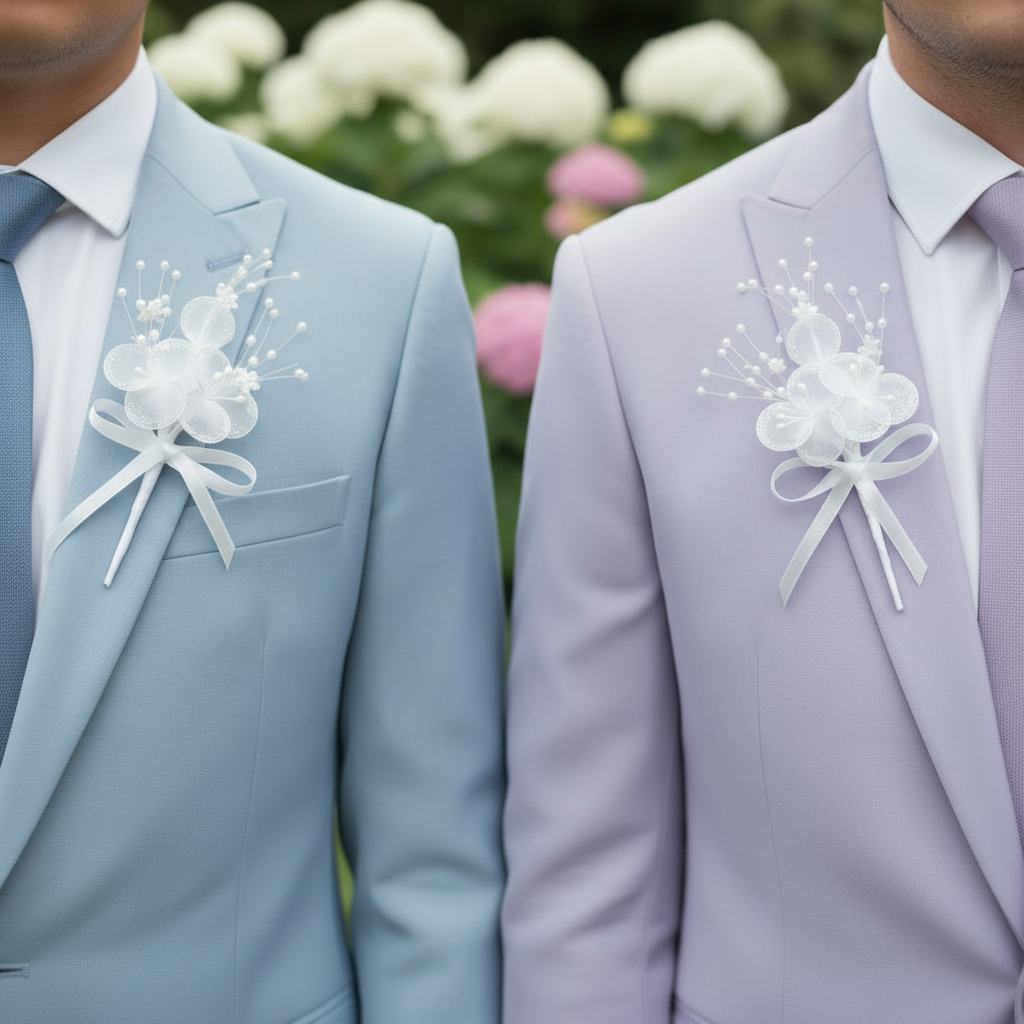 Groom wearing Groom Boutonniere Set with suit — GownLink CF46