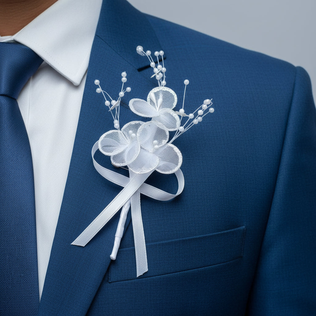Side view of Groom Boutonniere Set showing pin attachment — GownLink CF46