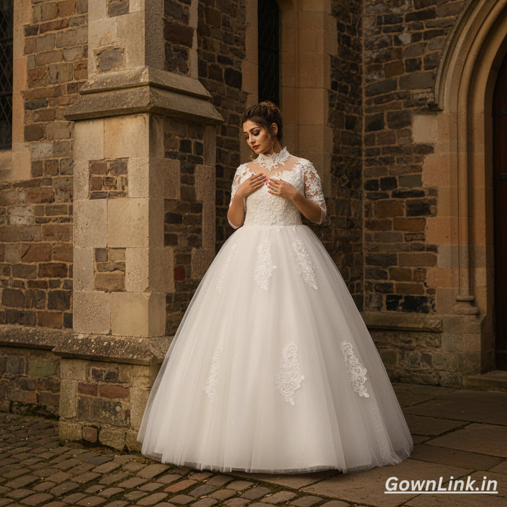 Front view of White Bridal Gown with High Neck on model against studio backdrop — GownLink GLD68B
