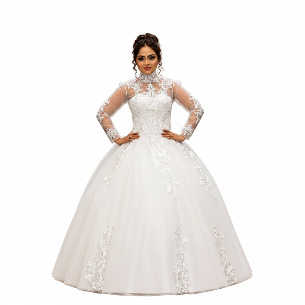 Front view of White Princess on model against studio backdrop — GownLink GLHL2311
