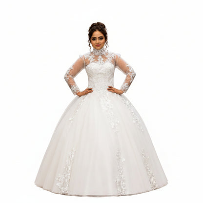 Front view of White Princess on model against studio backdrop — GownLink GLHL2311