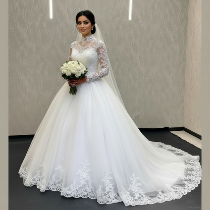 Front view of White Bridal Gown with High Neck on model against studio backdrop — GownLink GLW20T