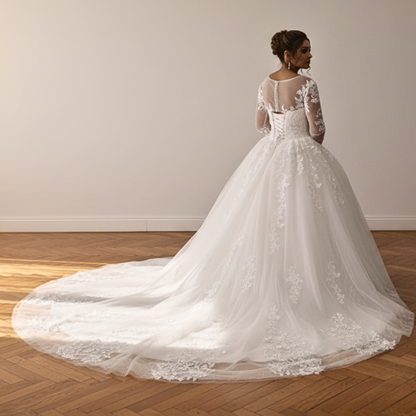 Close-up of lace and fabric detail on White Bridal Gown with Train — GownLink GLGT028