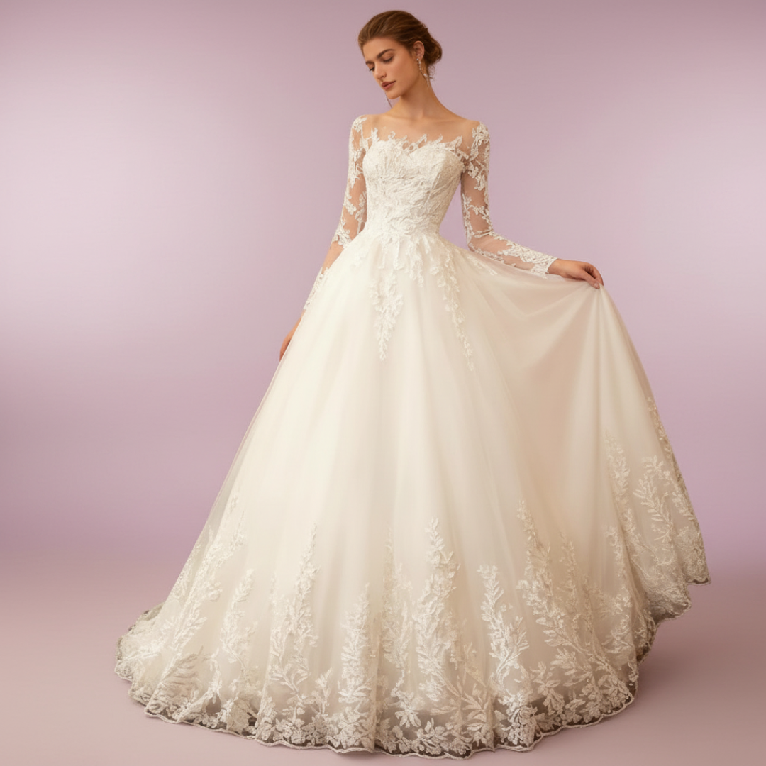 Close-up of lace and fabric detail on White A-Line with Sleeve Detail — GownLink GLTD51B