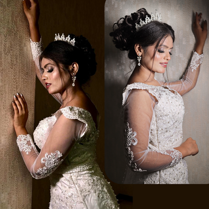 Close-up of lace and fabric detail on White A-Line with Sleeve Detail — GownLink GLGT4