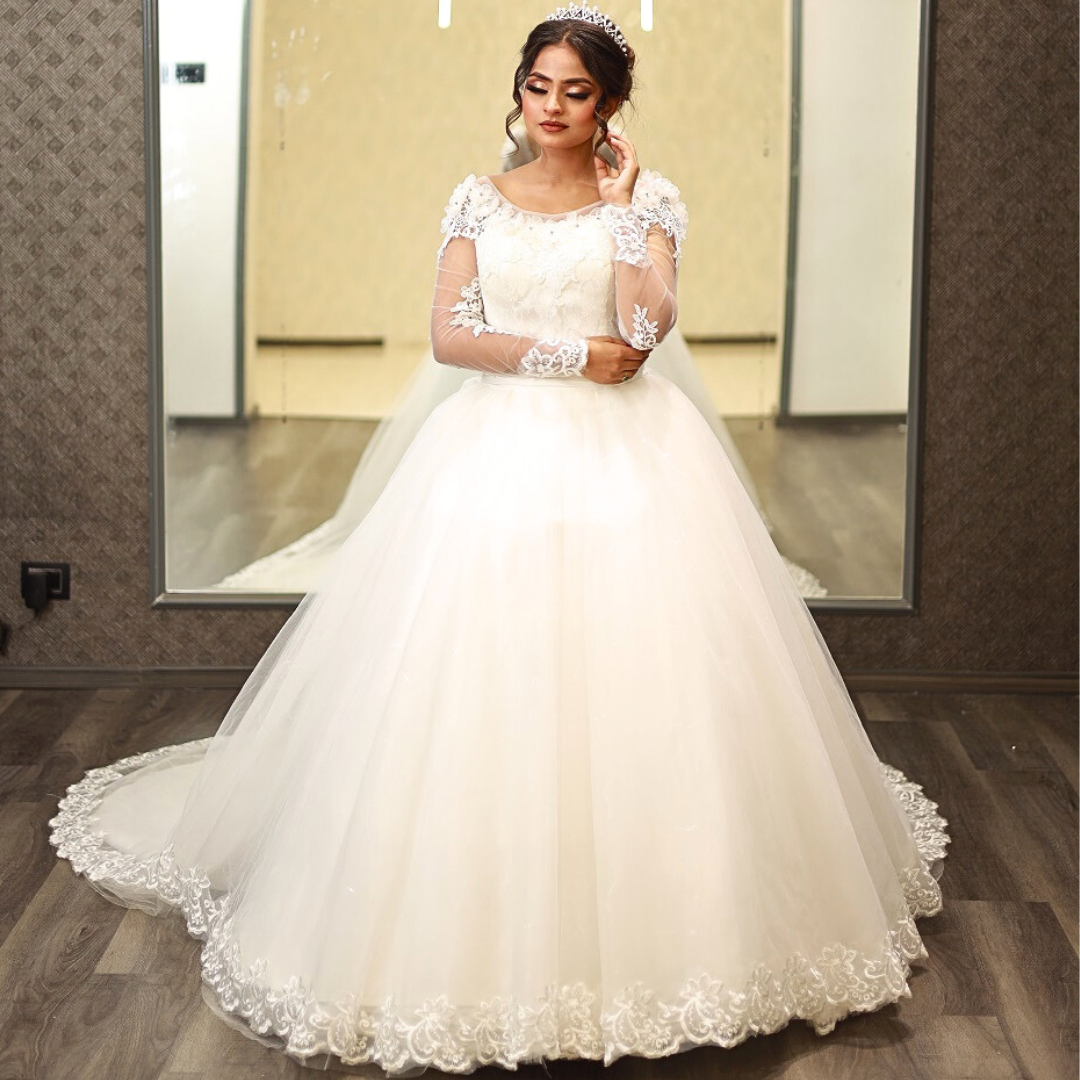 Close-up of lace and fabric detail on Bridal Gown with Train — GownLink GLYCX01T