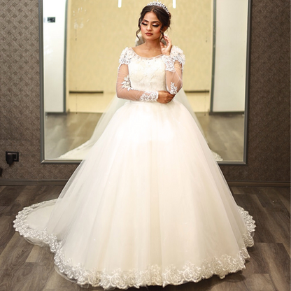 Close-up of lace and fabric detail on Bridal Gown with Train — GownLink GLYCX01T