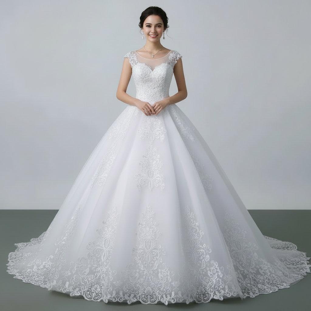 Christian bridal gown with floral lace appliqué and soft tulle ball gown skirt